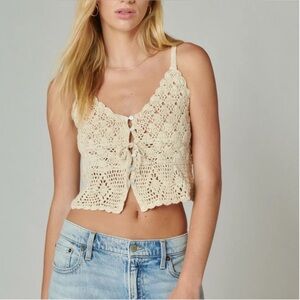 Lucky Brand Ladies L Hand Crafted Crochet Tie-Front Tank Top in Gardenia Cream